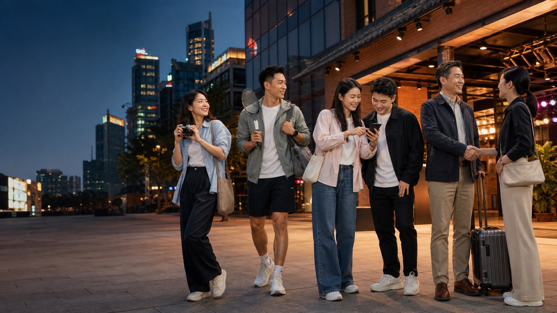 中国城市傍晚,成年人带着相机、球拍与行李开始不同的城市体验